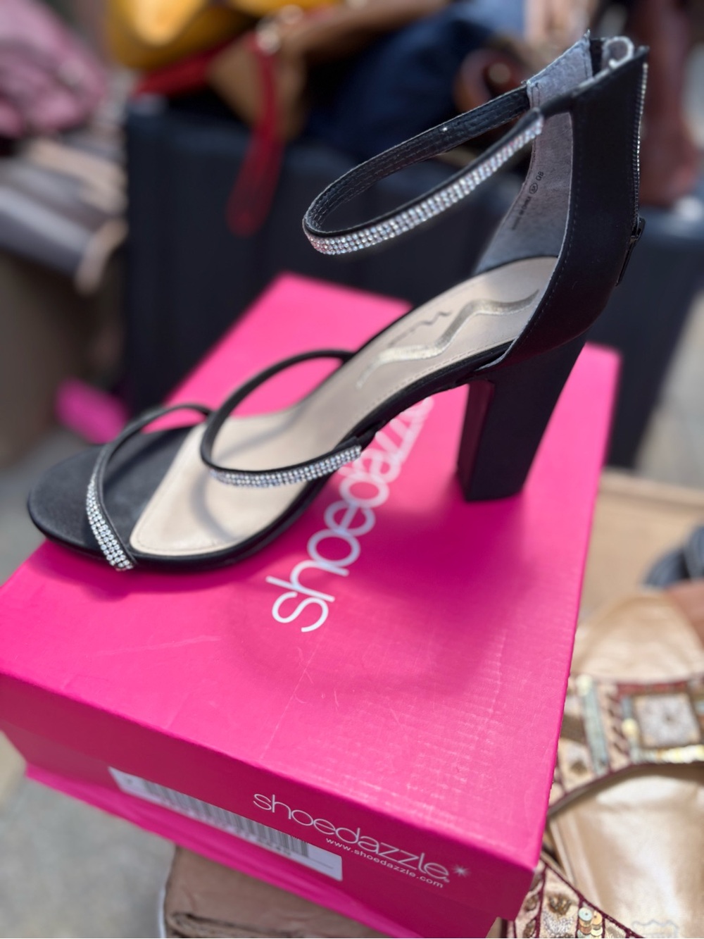 Nina Black Rhinestone Ankle-Strap Block Heel